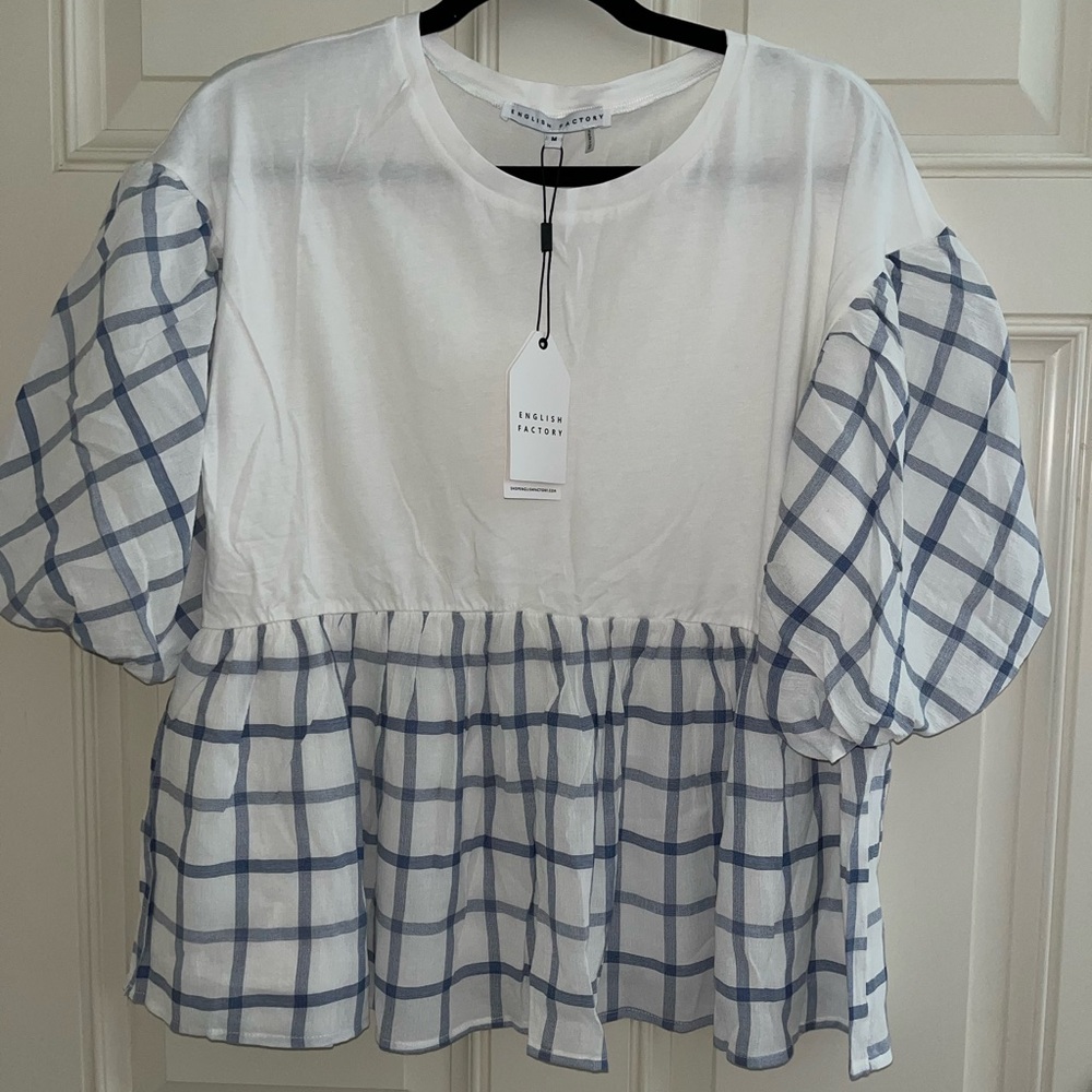 English Factory White and Blue Plaid Blouse